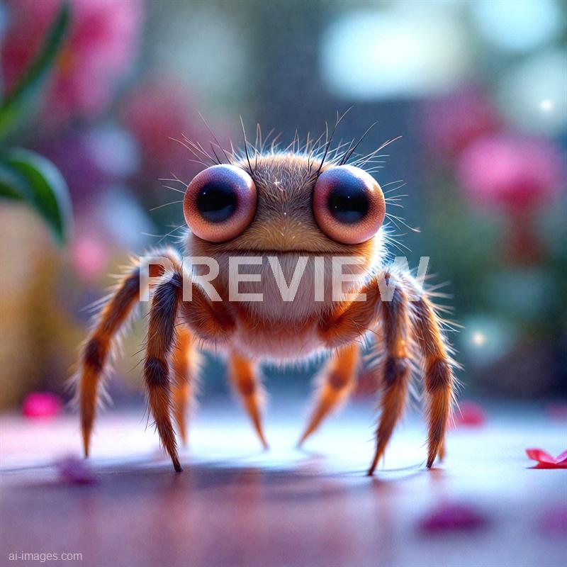 The image features a close-up of a small, cartoonish-looking creature with large, round, pinkish eyes, a tiny smiling mouth, and a fuzzy, furry body. It has multiple thin, spindly legs with tiny hair-like structures, giving it an insect-like appearance. The background is blurred with soft pastel hues of pink, purple, and green, creating a dreamy, whimsical atmosphere.